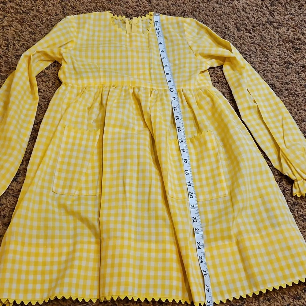 Vintage Yellow White Gingham Long Sleeve Dress Checker Handmade 70s Girls Kids